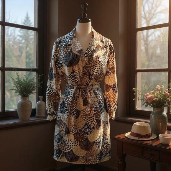 UNKNOWN Dresses & Skirts - Vintage 1970s Polka Dot Scallop Print Belted Sheath Dress